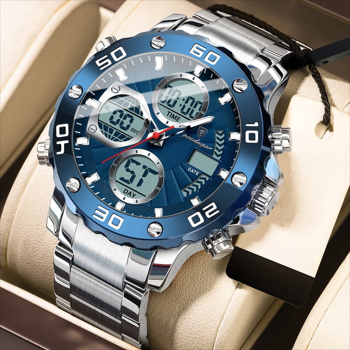 POEDAGAR E102 Quartz Electronic Waterproof  Sport Stainless LED Alarm Dual Time Display Digital Watch Silver Blue