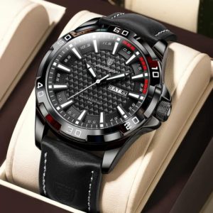 POEDAGAR 895 Luxury Luminous Leather Men’s Watch-Black white
