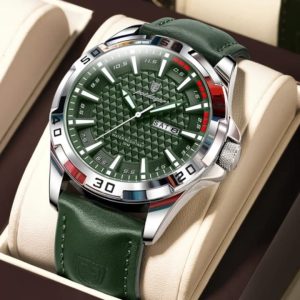 POEDAGAR 895 Luxury Luminous Leather Men’s Watch-silver-green
