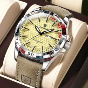 POEDAGAR 895 Luxury Luminous Leather Men’s Watch-silver-yellow