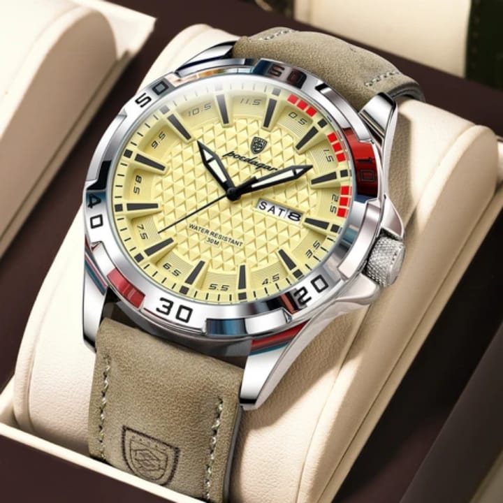POEDAGAR 895 Luxury Luminous Leather Men’s Watch-silver-yellow