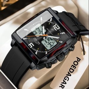 POEDAGAR E109 New Arrivals Chronograph Sports Dual Time Watch Men Silicone Waterproof Quartz Digital LED Color: full black