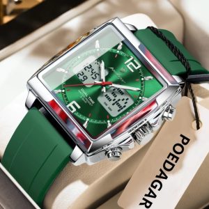 [10:09 am, 29/11/2025] sadi: POEDAGAR E109 New Arrivals Chronograph Sports Dual Time Watch Men Silicone Waterproof Quartz Digital LED Color: gold Silve: