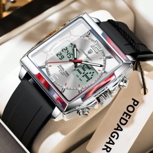 POEDAGAR E109 New Arrivals Chronograph Sports Dual Time Watch Men Silicone Waterproof Quartz Digital LED Color: Silve white