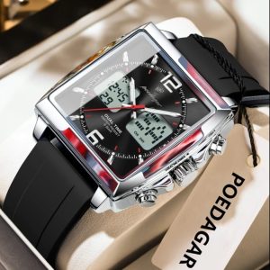 POEDAGAR E109 New Arrivals Chronograph Sports Dual Time Watch Men Silicone Waterproof Quartz Digital LED Color: Black Silver