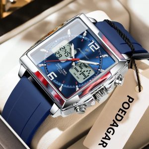 POEDAGAR E109 New Arrivals Chronograph Sports Dual Time Watch Men Silicone Waterproof Quartz Digital LED Color: Blue Silve